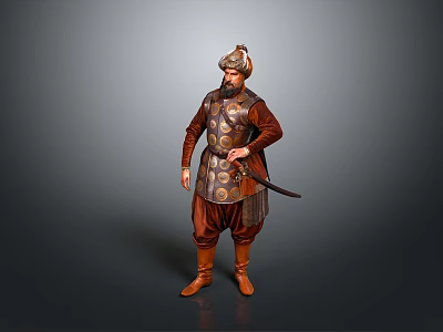 Man In Traditional Brown Armor With Decorative Patterns Holding A Sword 3d model