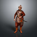 Man In Traditional Brown Armor With Decorative Patterns Holding A Sword