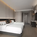 Modern Hotel Room Interior With Two Double Beds Large Windows City View And TV