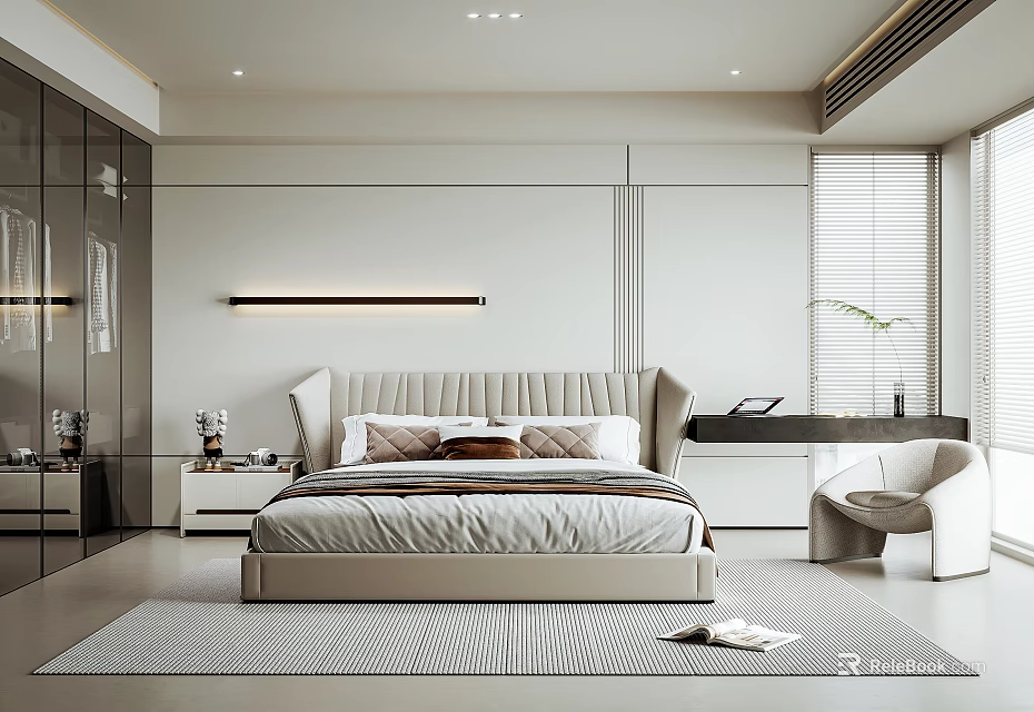 Modern Minimalist Bedroom Interior Design With Beige Bed White Accent Chair And Window Blinds 3d model 