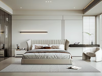 Modern Minimalist Bedroom Interior Design With Beige Bed White Accent Chair And Window Blinds 3d model