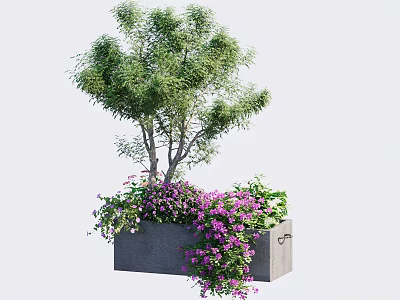 Green Bonsai Potted Plant With Purple Flowers And Hanging Leaves In Gray Rectangular Planter 3d model