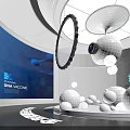 Modern Tech Exhibition Hall With Curved Screen Blue Planet Graphics And Spherical Installation 3d model