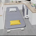 Grey Folding Bed With Yellow Pillow Grey Blanket Near White Radiator And Wooden Desk