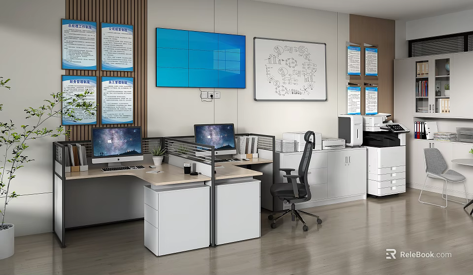 Modern Office Interior With Workstations Computers Ergonomic Chairs Filing Cabinets And Wall Screens 3d model 