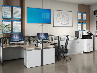 Modern Office Interior With Workstations Computers Ergonomic Chairs Filing Cabinets And Wall Screens 3d model