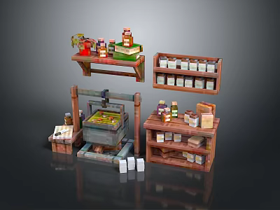 Household Items Display With Wooden Shelves Cabinets Press Machine And Bottles 3d model