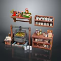Household Items Display With Wooden Shelves Cabinets Press Machine And Bottles