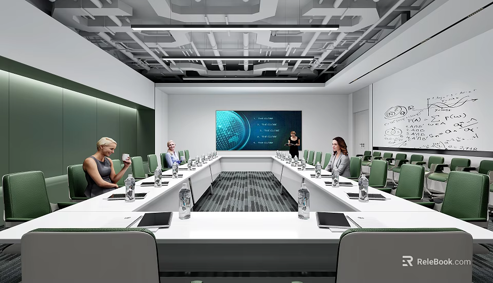 Modern Conference Room Interior With Green Chairs Whiteboard And Large Screen 3d model 