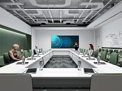 Modern Conference Room Interior With Green Chairs Whiteboard And Large Screen 3d model