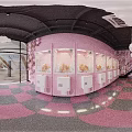 Pink Shopping Mall Store With Claw Machines Cloud Shaped Pendant Lights Pink Counter Checkered Floor