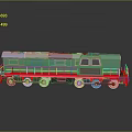 Green Red Train Locomotive With Yellow Railings Gray Top Silver Wheels On Reflective Surface