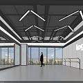 Modern Fitness Workout Space With Geometric Ceiling Lights Large Windows And Ogoi Logo