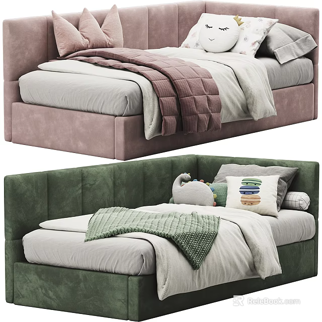 Modern Bed Interior Design With Pink Green Upholstered Headboards Bedding Pillows And Throws 3d model 