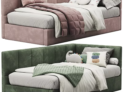 Modern Bed Interior Design With Pink Green Upholstered Headboards Bedding Pillows And Throws 3d model