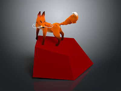Orange Low Poly Fox Model Standing On Red Polygonal Base Against Gray Background 3d model