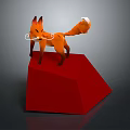 Orange Low Poly Fox Model Standing On Red Polygonal Base Against Gray Background