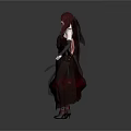 Female Character With Red Hair Veil Crimson Black Outfit Gauzy Skirt Red Boots Gray Background
