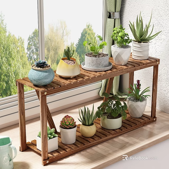 Two Tiered Wooden Plant Stand With Various Potted Plants In Colorful Pots By Window 3d model 