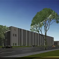Modern Industrial Factory Exterior With Numbered Units 3 2 Large Windows Trees Parking And People