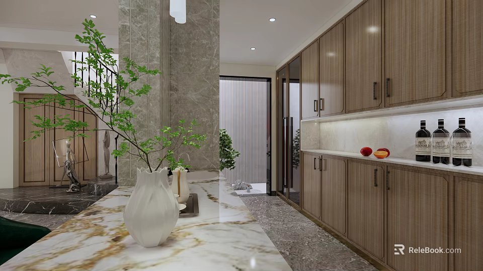 Basement Interior Design with Wooden Cabinets Marble Countertops and Green Plants 3d model 