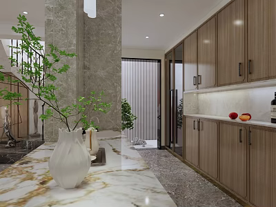 Basement Interior Design with Wooden Cabinets Marble Countertops and Green Plants 3d model