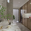 Basement Interior Design with Wooden Cabinets Marble Countertops and Green Plants