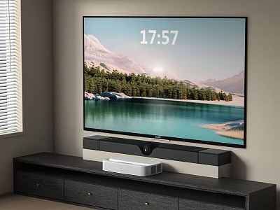 Wall Mounted TV With Scenic Display Above Cabinet In Living Room 3d model