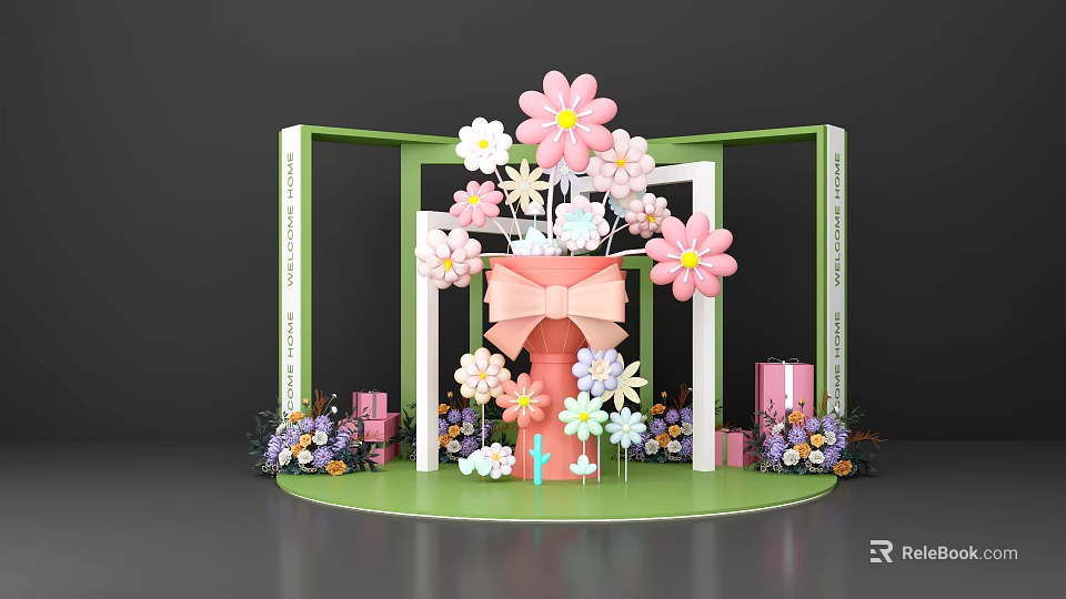 Decorative Flower Art Installation With Green Frame Pink Bow And Gift Boxes 3d model 