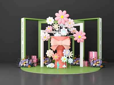 Decorative Flower Art Installation With Green Frame Pink Bow And Gift Boxes 3d model
