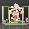 Decorative Flower Art Installation With Green Frame Pink Bow And Gift Boxes 3d model