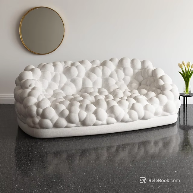 White Bubble Textured Two Seater Sofa With Yellow Tulip Vase And Round Mirror 3d model 