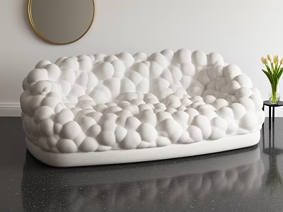 White Bubble Textured Two Seater Sofa With Yellow Tulip Vase And Round Mirror 3d model