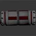 Shiny Metallic Cylindrical Tech Component With Red Panels And Silver Rings
