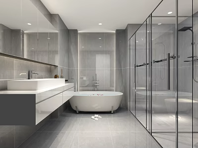 Modern Bathroom Interior Design With Large Mirror White Bathtub Glass Shower Vanity And Gray Tiles 3d model