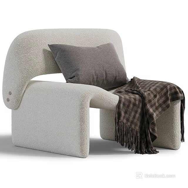 Cozy Beige Sherpa Armchair With Soft Gray Cushion And Brown Plaid Blanket 3d model 