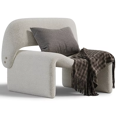 Cozy Beige Sherpa Armchair With Soft Gray Cushion And Brown Plaid Blanket 3d model