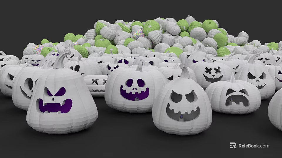 Halloween White Pumpkin Lanterns With Different Faces And Green White Balls Background 3d model 