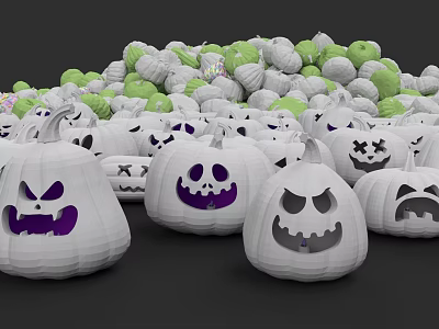 Halloween White Pumpkin Lanterns With Different Faces And Green White Balls Background 3d model