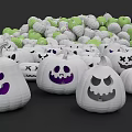 Halloween White Pumpkin Lanterns With Different Faces And Green White Balls Background