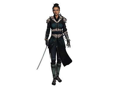 A Woman In Dark Ornate Outfit Holding A Sword Standing Upright 3d model