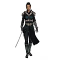 A Woman In Dark Ornate Outfit Holding A Sword Standing Upright