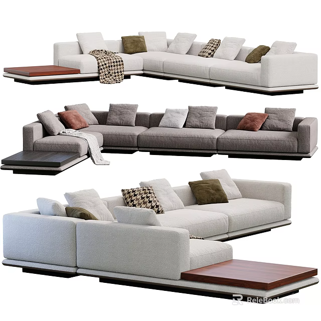 Modern Light Colored Sectional Sofa With Decorative Pillows And Wooden Coffee Table 3d model