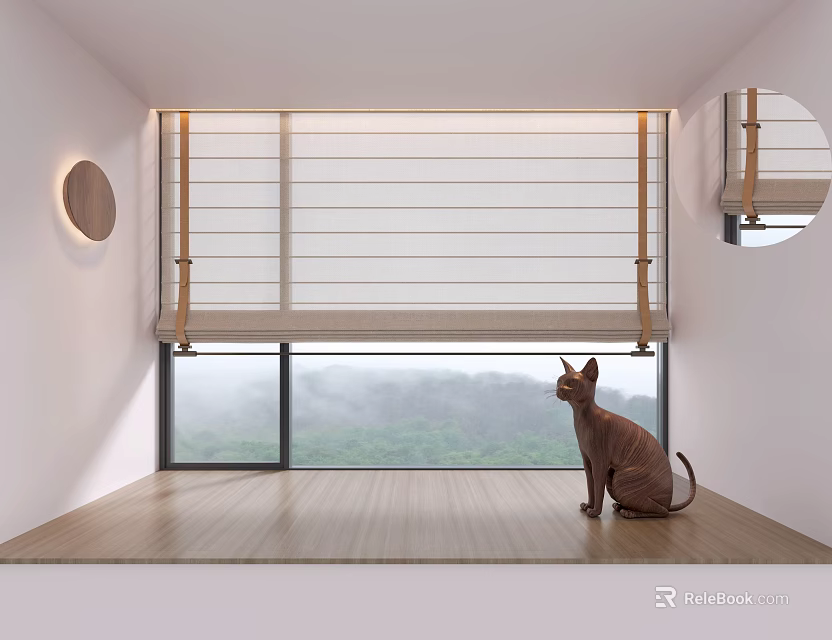 Serene Tea Room with Wooden Floor Roller Blinds and Cat by Window Overlooking Mountain View 3d model 