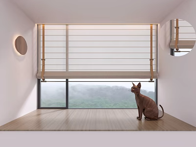 Serene Tea Room with Wooden Floor Roller Blinds and Cat by Window Overlooking Mountain View 3d model