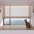 Serene Tea Room with Wooden Floor Roller Blinds and Cat by Window Overlooking Mountain View