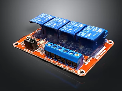 Electronic Relay Module Red Circuit Board With Blue Relays And Terminals 3d model