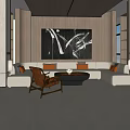 Modern Living Room With Wooden Ceiling Walls Large Abstract Painting Beige Sofa And Brown Armchair