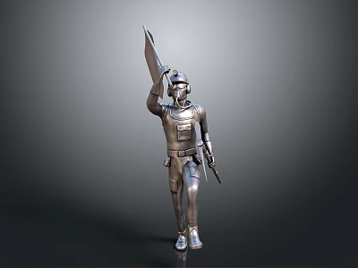 Detailed Silver Armored Warrior Character Holding Large Sword And Gun 3d model