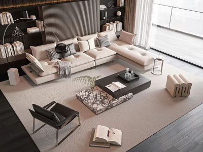 Modern Beige Sofa And Black Coffee Table Set With Throw Pillows Decorative Items In Modern Living Room 3d model
